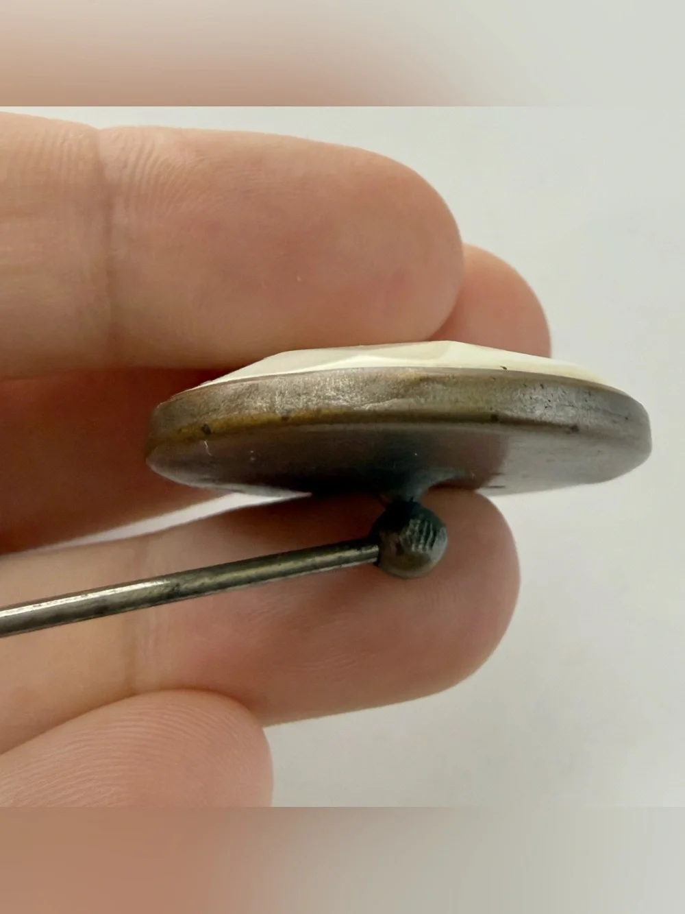 Antique Vintage Large Round Mother of Pearl Stick Pin Hat Lapel Pin